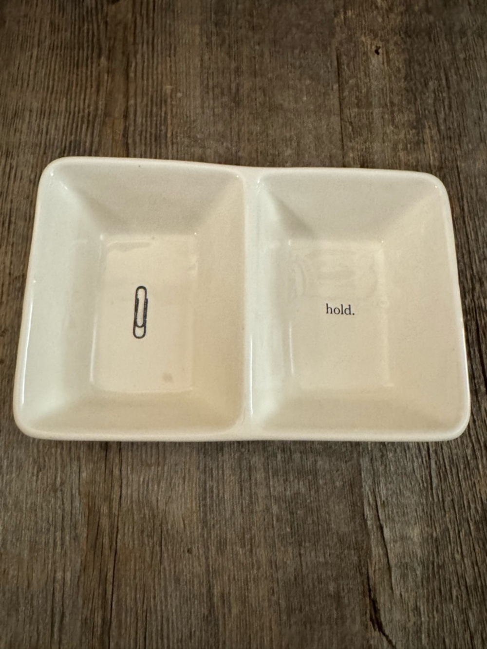 Rae Dunn Ceramic Double Trinket Dish with paperclip and “hold” compartments